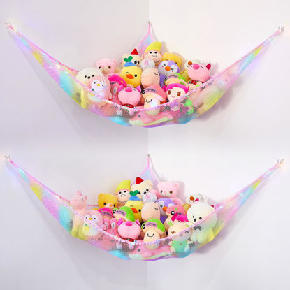 Picture of Basumee Stuffed Animals Net or Hammock with LED Light Hanging Toy Net Hammock for Stuffed Animals Storage Stuff Animals Hammocks for Nursery Kids Room with Remote Control, 8 Kinds of Lights(Pack of 2)