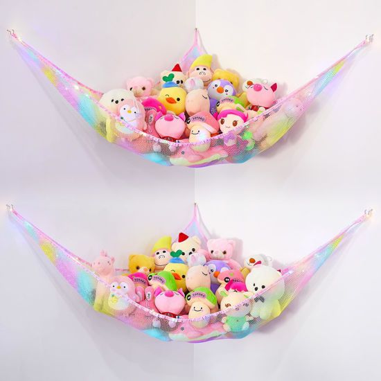 Picture of Basumee Stuffed Animals Net or Hammock with LED Light Hanging Toy Net Hammock for Stuffed Animals Storage Stuff Animals Hammocks for Nursery Kids Room with Remote Control, 8 Kinds of Lights(Pack of 2)