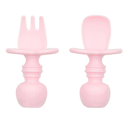 Picture of Bumkins Baby Utensils Set, Chewtensils Silicone Spoons for Dipping, Self-Feeding, Baby Led Weaning, Trainer Learning, First Stage Eating, Soft Practice Fork and Spoon, Babies 6 Months, Pink