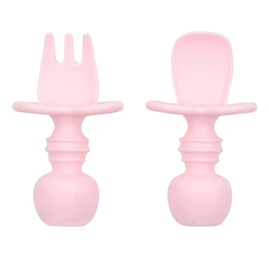 Picture of Bumkins Baby Utensils Set, Chewtensils Silicone Spoons for Dipping, Self-Feeding, Baby Led Weaning, Trainer Learning, First Stage Eating, Soft Practice Fork and Spoon, Babies 6 Months, Pink