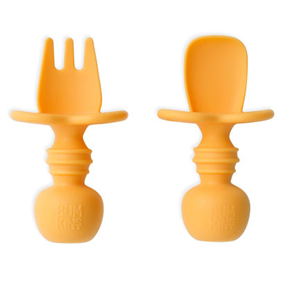Picture of Bumkins Baby Utensils Set, Chewtensils Silicone Spoons for Dipping, Self-Feeding, Baby Led Weaning, Trainer Learning, First Stage Eating, Soft Practice Fork and Spoon, Babies 6 Months, Tangerine
