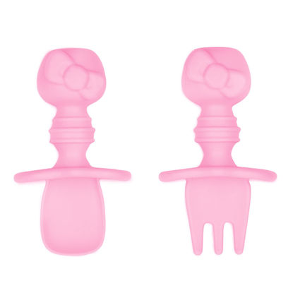Picture of Bumkins Baby Utensils Set, Chewtensils Silicone Spoons for Dipping, Self-Feeding, Baby Led Weaning, Trainer Learning, First Stage Eating, Soft Practice Fork and Spoon, 6 Months, Hello Kitty Pink