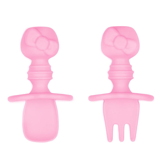 Picture of Bumkins Baby Utensils Set, Chewtensils Silicone Spoons for Dipping, Self-Feeding, Baby Led Weaning, Trainer Learning, First Stage Eating, Soft Practice Fork and Spoon, 6 Months, Hello Kitty Pink