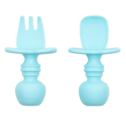 Picture of Bumkins Baby Utensils Set, Chewtensils Silicone Spoons for Dipping, Self-Feeding, Baby Led Weaning, Trainer Learning First Stage Eating, Soft Practice Fork and Spoon, Babies 6 Months, Blue
