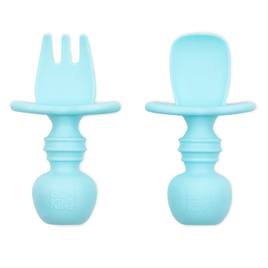 Picture of Bumkins Baby Utensils Set, Chewtensils Silicone Spoons for Dipping, Self-Feeding, Baby Led Weaning, Trainer Learning First Stage Eating, Soft Practice Fork and Spoon, Babies 6 Months, Blue