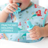 Picture of Bumkins Baby Utensils Set, Chewtensils Silicone Spoons for Dipping, Self-Feeding, Baby Led Weaning, Trainer Learning First Stage Eating, Soft Practice Fork and Spoon, Babies 6 Months, Blue