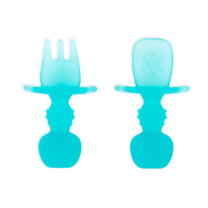 Picture of Bumkins Baby Utensils Set, Chewtensils Silicone Spoons for Dipping, Self-Feeding, Baby Led Weaning, Trainer Learning, First Stage Eating, Soft Practice Fork and Spoon, Babies 6 Months, Blue Jelly