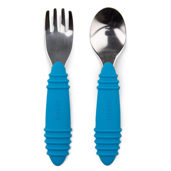 Picture of Bumkins Toddler Utensils, Kids Size Fork and Spoon Set, Silicone and Stainless-Steel Training Silverware, Angled Forks / Sporks for Self-Feeding, Children Hold Learning to Eat, 18 Mos Up, Dark Blue