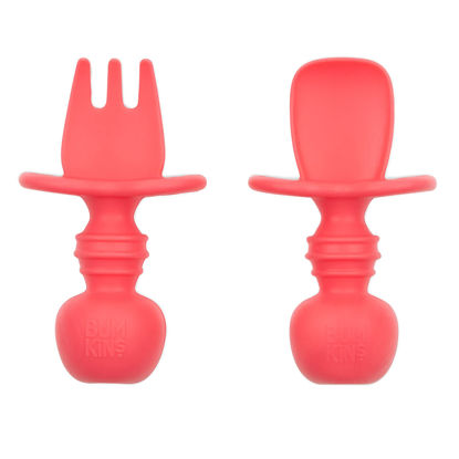 Picture of Bumkins Baby Utensils Set, Chewtensils Silicone Spoons for Dipping, Self-Feeding, Baby Led Weaning, Trainer Learning, First Stage Eating, Soft Practice Fork and Spoon, Babies 6 Months, Red