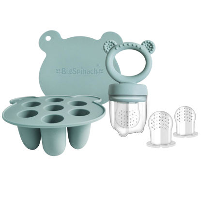 Picture of BigSpinach Silicone Baby Food Freezer Tray with Teething Popsicle Molds - Baby Fruit Feeder and Breastmilk Teether Combo