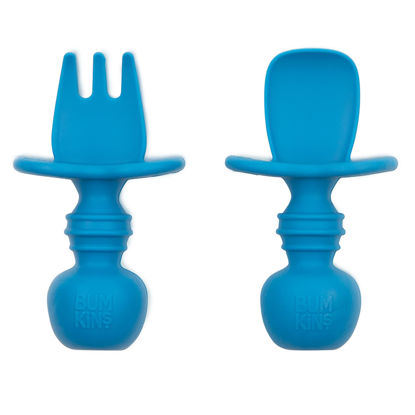 Picture of Bumkins Baby Utensils Set, Chewtensils Silicone Spoons for Dipping, Self-Feeding, Baby Led Weaning, Trainer Learning, First Stage Eating, Soft Practice Fork and Spoon, Babies 6 Months, Dark Blue
