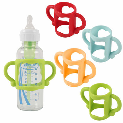 Picture of TonGass (4-Pack) Bottle Handles for Dr Brown Narrow Baby Bottles with Easy Grip Handles to Hold Their Own Bottle - BPA-Free Soft Silicone - Red Orange Blue and Green
