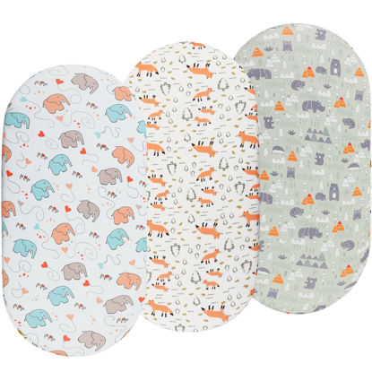 Picture of Bassinet Sheets 3 Pack for Baby Boy, Soft Stretchy Universal Fitted Sheet Set for Oval Rectangle Hourglass Bassinet Mattress, Forest Fox Elephant Printing