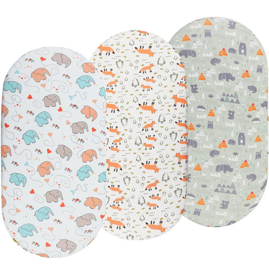Picture of Bassinet Sheets 3 Pack for Baby Boy, Soft Stretchy Universal Fitted Sheet Set for Oval Rectangle Hourglass Bassinet Mattress, Forest Fox Elephant Printing