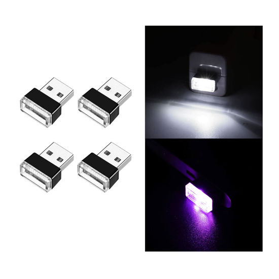 Picture of Ziciner 4 PCS USB LED Car Interior Atmosphere Lamp, Portable Mini LED Night Light, Plug-in USB Interface Trunk Ambient Lighting Kit, Universal Interior Accessories for Most Vehicles (White, Purple)