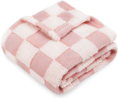 Picture of HOMRITAR Baby Blanket for Girls 3D Checkered Fleece Fluffy Fuzzy Checkerboard Grid Warmer Shaggy Soft Cozy Fuzzy Bed Blanket for Toddler, Newborn or Infant Pink 30 x 40 Inch