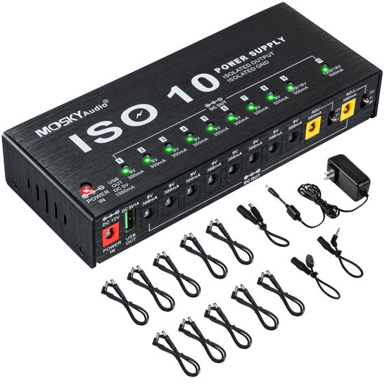 Picture of Mosky Guitar Pedal Power Supply 10 Isolated DC Output, 9V 12V 18V 300mA 500mA Effect Pedal Boards Power Supply with USB Port, Short Circuit Overcurrent Protection