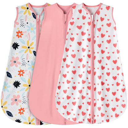 Picture of BSTOPPT 3 Pack Baby Sleep Sack 12-18 Months 100% Rayon Cotton Baby Sleeping Bag 2-Way Zipper Toddler Wearable Blankets Comfy Stretchy Lightweight TOG 0.3 （Heart&Pink&Floral）