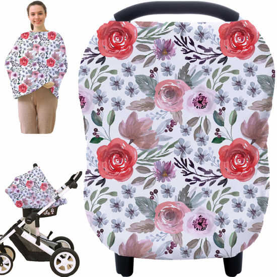 Picture of Multi-use Canopy Cover Breastfeeding Cover - Car Seat Covers for Babies, Stretchy Carseat Canopy Cover, Boys and Girls Shower Gifts (Purple Flower)