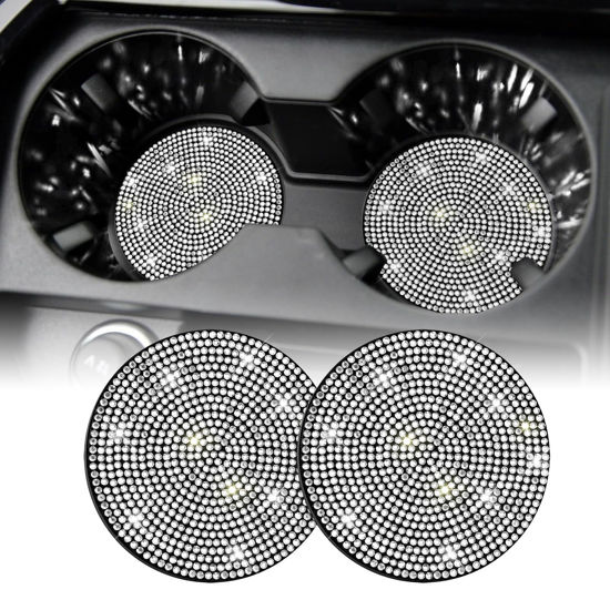 Picture of SINGARO Bling Cup Holder Coasters for Car, 2PCS Universal Non-Slip Cup Holder, Embedded Decorative Coasters, Shiny Crystal Car Interior Accessories Gifts for Women (White)
