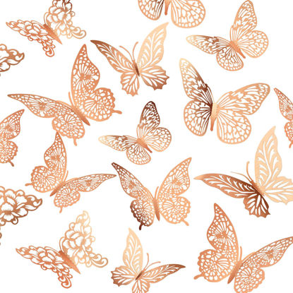 Picture of 3D Gold Butterfly Wall Decor 3 Sizes 3 Styles Butterfly Party Decorations Cake Decorations Removable Stickers Wall Decor Room Mural Metallic Kids (Rose Gold, 96Pcs)