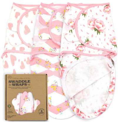 Picture of Bublo Baby Swaddle Sleep Sack with Zipper - Swaddles for Newborns - 3 Pack Organic Baby Swaddles for 0-3 Months - Infant Sleeping Swaddle Sack - Adjustable Swaddle Blanket Wrap Girl, Pink Floral
