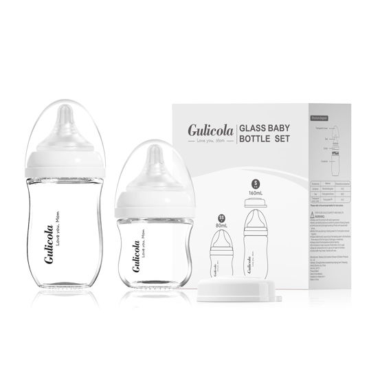 Picture of Gulicola Natural Glass Baby Bottle Newborn Set, 3 oz and 5 oz with Extra Slow Flow & Slow Flow Nipple, Anti Colic, 0-3 Months, 2 Pack - White
