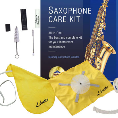 Picture of Libretto Alto Saxophone ALL-INCLUSIVE Giftable Care Kit: Mouthpiece Brush + Dust Brush + 2 Microfiber Cleaning Swab + Thumb Cushion + Premium Cork Grease + Reed Case, Handy Case, Extend Life of Sax!