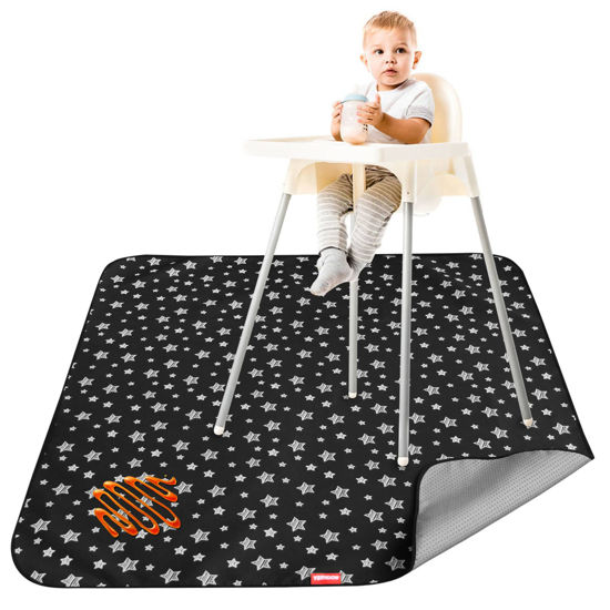 Picture of High Chair Mat Waterproof and Washable Splat Mat, Baby Splat Mat for Under High Chair, Non Slip Mat for Art/Crafts/Playtime, Protable Picnic Table Cloth Mat, 46'' x 42'', Black Star