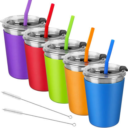 Picture of Kids Cups with Lids and Straws, 12oz Kids Tumblers with Straws and Lids Spill Proof Cups for Kids Stainless Steel Sippy Cups for School, Outdoor, 5 Pack
