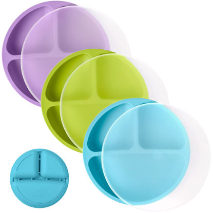 Picture of WeeSprout Silicone Plates with Lids for Babies & Toddlers (3 Pack) 100% Food-Grade Dishes for Self Feeding, Divided Design & Raised Edges for Picky Eaters, Dishwasher & Microwave Safe Weaning Supplies