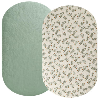 Picture of Muslin Bassinet Sheet Compatible with Graco Sense2Snooze Bassinet, 2 Pack Cotton Stylish Boho Fitted Bassinet Sheets Super Soft for Baby Roman Green & Botanical Leaf