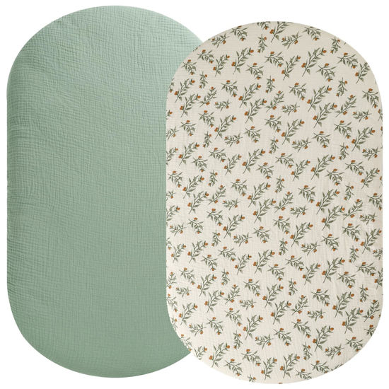 Picture of Muslin Bassinet Sheet Compatible with Graco Sense2Snooze Bassinet, 2 Pack Cotton Stylish Boho Fitted Bassinet Sheets Super Soft for Baby Roman Green & Botanical Leaf