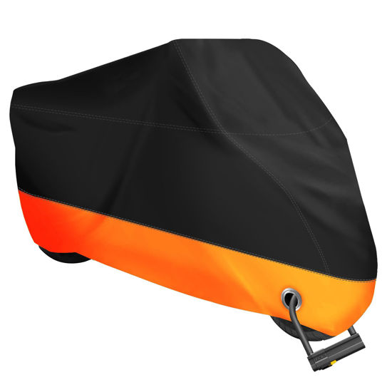 Picture of XYZCTEM Motorcycle Cover,All Season Black&Orange Waterproof Outdoor Sun Motorcycle Cover,Fits up to 91" Motors