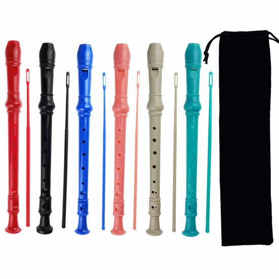 Picture of Kasteco 6 Pack German Style 8 Hole-3 Piece Descant Soprano Recorders with Cleaning Rod, Black Storage Bag, ABS Material (6 Colors)