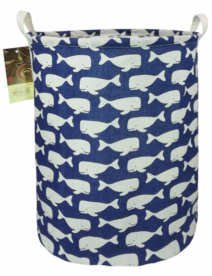 Picture of HUNRUNG Laundry Hamper,Large Canvas Fabric Lightweight Storage Basket Toy Organizer Dirty Clothes Collapsible Waterproof for College Dorms, Children Bedroom,Bathroom (Rould Blue Whale)