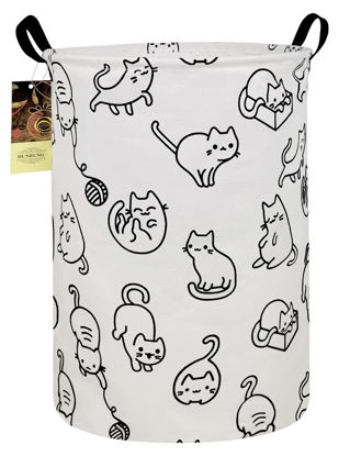 Picture of HUNRUNG Laundry Hamper,Large Canvas Fabric Lightweight Storage Basket Toy Organizer Dirty Clothes Collapsible Waterproof for College Dorms, Children Bedroom,Bathroom（Round cat）