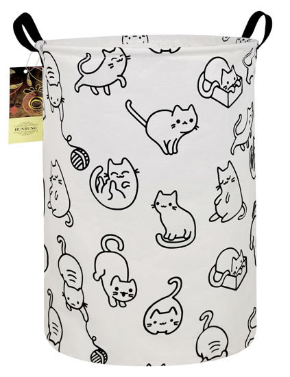 Picture of HUNRUNG Laundry Hamper,Large Canvas Fabric Lightweight Storage Basket Toy Organizer Dirty Clothes Collapsible Waterproof for College Dorms, Children Bedroom,Bathroom（Round cat）