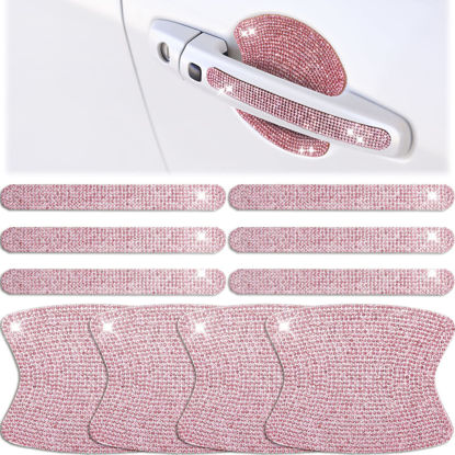 Picture of Frienda 10 Pieces Bling Car Door Handle Protector Rhinestone Universal Reflective Bling Car Handle Cover Bowl Protection for Car Laptops Decoration (Pink)