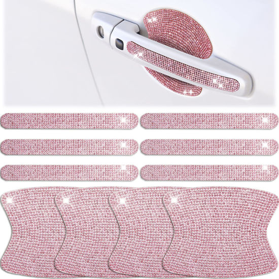 Picture of Frienda 10 Pieces Bling Car Door Handle Protector Rhinestone Universal Reflective Bling Car Handle Cover Bowl Protection for Car Laptops Decoration (Pink)