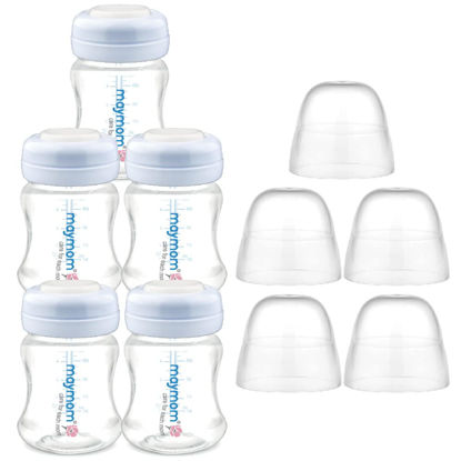 Picture of Maymom Wide-Mouth Milk Storage Collection Bottle with Dome Cap, Bottle Top, SureSeal Sealing Disk; Can Replace Spectra S1 S2 Bottles, 5 pc (4.7Oz/140mL)