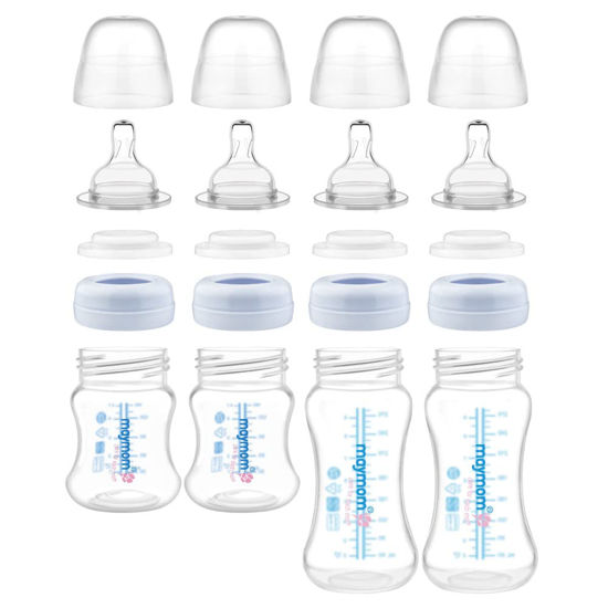 Picture of Maymom Wide-Mouth Milk Storage Collection n Feeding Bottle with Nipple, Dome Cap, Bottle Top, SureSeal Disk; Compatible with Spectra/Luna Pumps; 4.7oz/140mL, 2pc & 9oz/280mL, 2pc