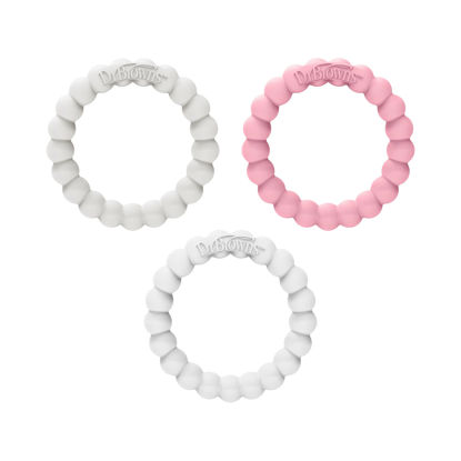 Picture of Dr. Brown's Flexees Beaded Teether Rings, 100% Silicone, Soft & Easy to Hold, Encourages Self-Soothe, 3 Pack, Pink, White, Gray, BPA Free, 3m+