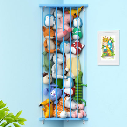 Picture of Befayoo Corner Stuffed Animal Storage Plush Toy Organizer - Kids Room Stuffed Animal Holder with Length Adjustable - Large Plush Toys Wall Hanging Storage Shelf for Nursery Playroom Bedroom(Blue)