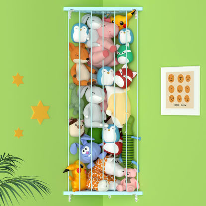 Picture of Corner Stuffed Animal Storage Toy Organizer - Kids Room Stuffed Animal Holder Length Adjustable Plushie Toys Shelf - Large Corner Plush Toys Storage for Nursery Playroom Bedroom (Macaroon Blue)