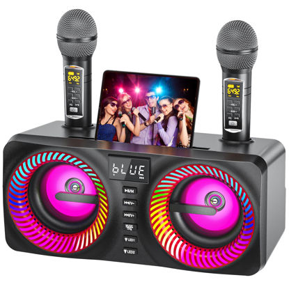 Picture of Karaoke Machine for Adults Kids with 2 Wireless Microphones, Portable Bluetooth Speaker with 9 Modes Dynamic LED Lights, Karaoke Speaker with PA System Bass/Echo/USB/TF/AUX for Home Birthday Party