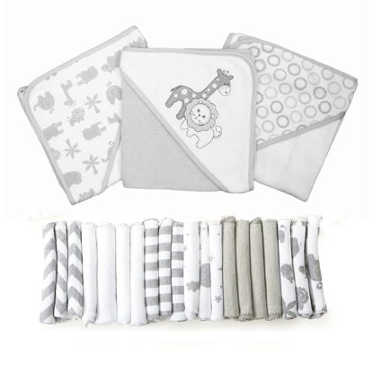 Picture of Spasilk Bath Hooded Towels & Baby Washcloths Set, Baby Bath Essentials for Everyday Use, 23-Piece Gift Set, Gray Lion
