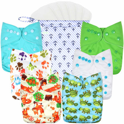 Picture of wegreeco Cloth Diapers 6 Pack with 6 Inserts & 1 Wet Bag, Washable Cloth Diapers for Babies, One Size Adjustable Reusable Diapers Baby (Neutral Prints)