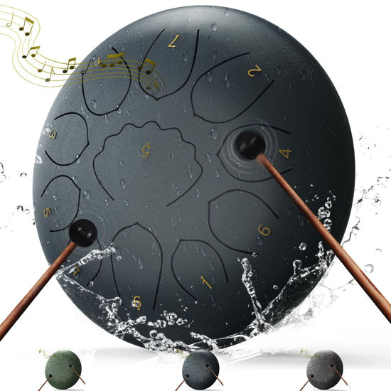 Picture of Rain Drum for Outside,8 Inches 11 Notes Rain Drum for Garden Instrument, Drum Rain Chime Waterproof, Chakra Rain Drum Outdoor，with Drum Bag, Music Book, Drum Mallets (Navy Blue)