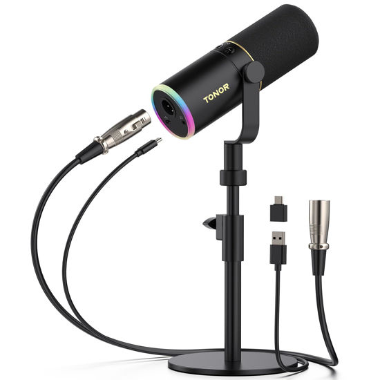 Picture of TONOR XLR/USB Gaming Mic, Dynamic Microphone for Podcast Recording Streaming with RGB Light, Mute Button, Headphones Jack, Monitoring, Desktop Stand, Metal Vocal Mic for PC Mac Android PS4/5 TD520S